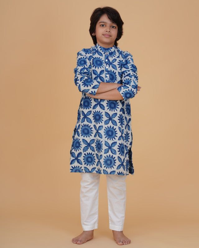 Boy wearing blue & white indigo boys blue white indigo vegetable dye print cotton kurta pajama set front view | NEW AGE CLOTHING