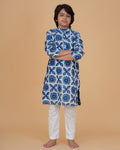 Boy wearing blue & white indigo boys blue white indigo vegetable dye print cotton kurta pajama set front view | NEW AGE CLOTHING