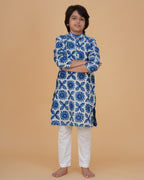 Boy wearing blue & white indigo boys blue white indigo vegetable dye print cotton kurta pajama set front view | NEW AGE CLOTHING