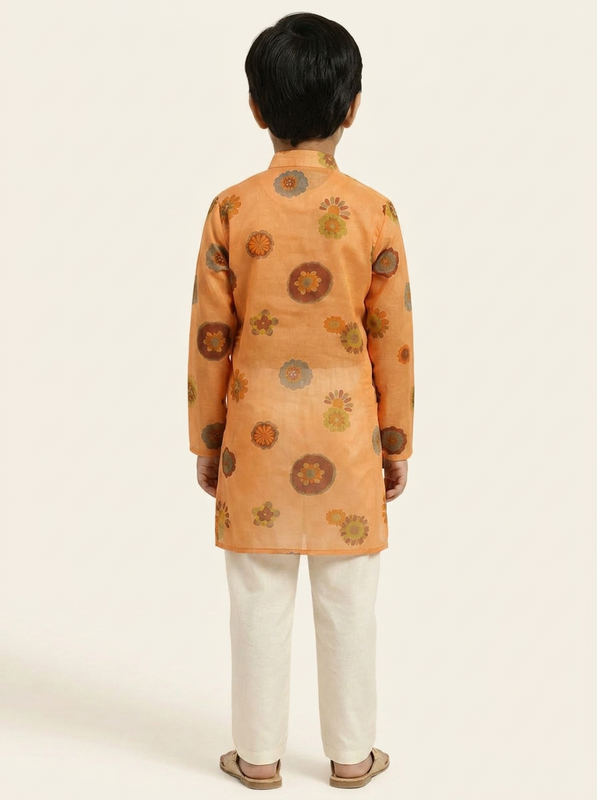 Boys Orange Organdy Cotton Multicolour Floral Medallion Print Kurta Pajama Set - view 2 | NEW AGE CLOTHING