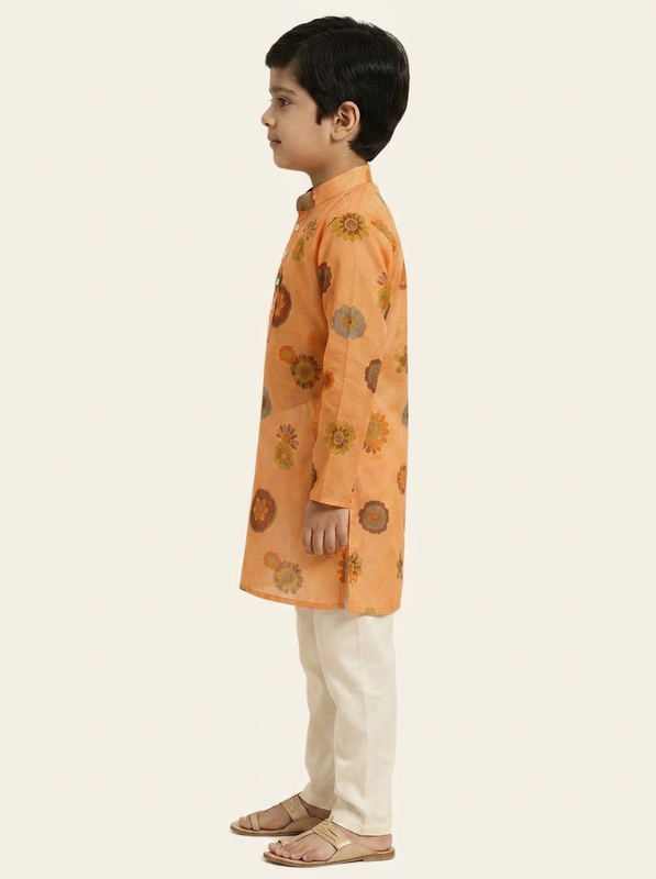 Boys Orange Organdy Cotton Multicolour Floral Medallion Print Kurta Pajama Set - view 3 | NEW AGE CLOTHING