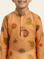 Boys Orange Organdy Cotton Multicolour Floral Medallion Print Kurta Pajama Set - view 4 | NEW AGE CLOTHING