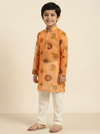 Boy wearing orange organdy multicolour floral print kurta pajama set | NEW AGE CLOTHING