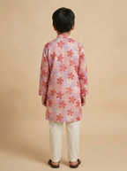 Boys Pink Organdy Cotton Five-Petal Floral Print Kurta Pajama Set - view 2 | NEW AGE CLOTHING