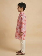 Boys Pink Organdy Cotton Five-Petal Floral Print Kurta Pajama Set - view 3 | NEW AGE CLOTHING