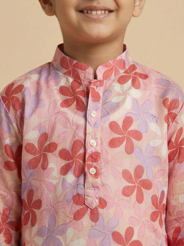 Boys Pink Organdy Cotton Five-Petal Floral Print Kurta Pajama Set - view 4 | NEW AGE CLOTHING