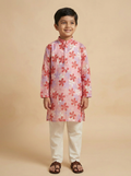 Boy wearing pink organdy multicolour floral print kurta pajama set | NEW AGE CLOTHING