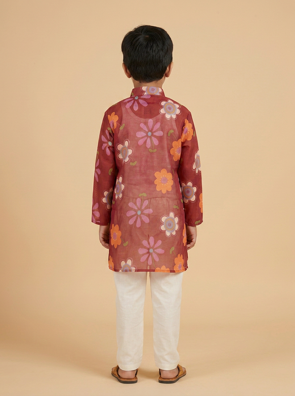 Boys Maroon Organdy Cotton Retro Multicolour Floral Print Kurta Pajama Set - view 2 | NEW AGE CLOTHING