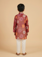 Boys Maroon Organdy Cotton Retro Multicolour Floral Print Kurta Pajama Set - view 2 | NEW AGE CLOTHING