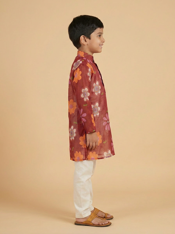 Boys Maroon Organdy Cotton Retro Multicolour Floral Print Kurta Pajama Set - view 3 | NEW AGE CLOTHING