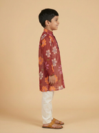 Boys Maroon Organdy Cotton Retro Multicolour Floral Print Kurta Pajama Set - view 3 | NEW AGE CLOTHING
