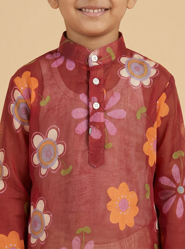 Boys Maroon Organdy Cotton Retro Multicolour Floral Print Kurta Pajama Set - view 4 | NEW AGE CLOTHING