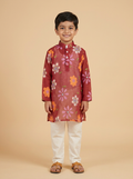 Boy wearing maroon organdy multicolour floral print kurta pajama set | NEW AGE CLOTHING