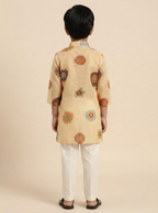 Boys Cream Organdy Cotton Multicolour Floral Print 3/4 Sleeve Kurta Pajama Set - view 2 | NEW AGE CLOTHING