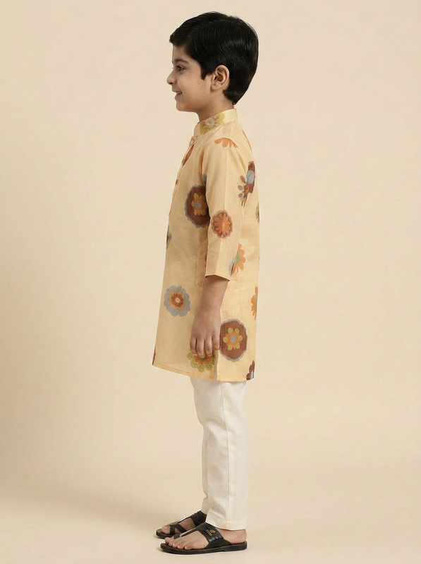 Boys Cream Organdy Cotton Multicolour Floral Print 3/4 Sleeve Kurta Pajama Set - view 3 | NEW AGE CLOTHING