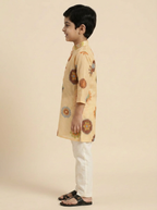 Boys Cream Organdy Cotton Multicolour Floral Print 3/4 Sleeve Kurta Pajama Set - view 3 | NEW AGE CLOTHING