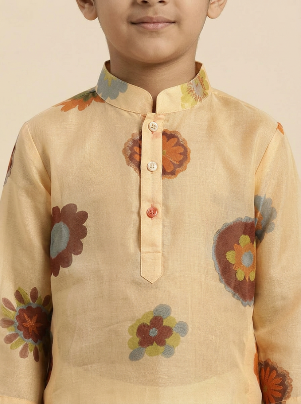 Boys Cream Organdy Cotton Multicolour Floral Print 3/4 Sleeve Kurta Pajama Set - view 4 | NEW AGE CLOTHING