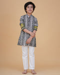 Stylish Border Design Printed Cotton Kurta with White Pajama Set for Boys