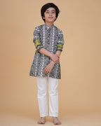 Stylish Border Design Printed Cotton Kurta with White Pajama Set for Boys