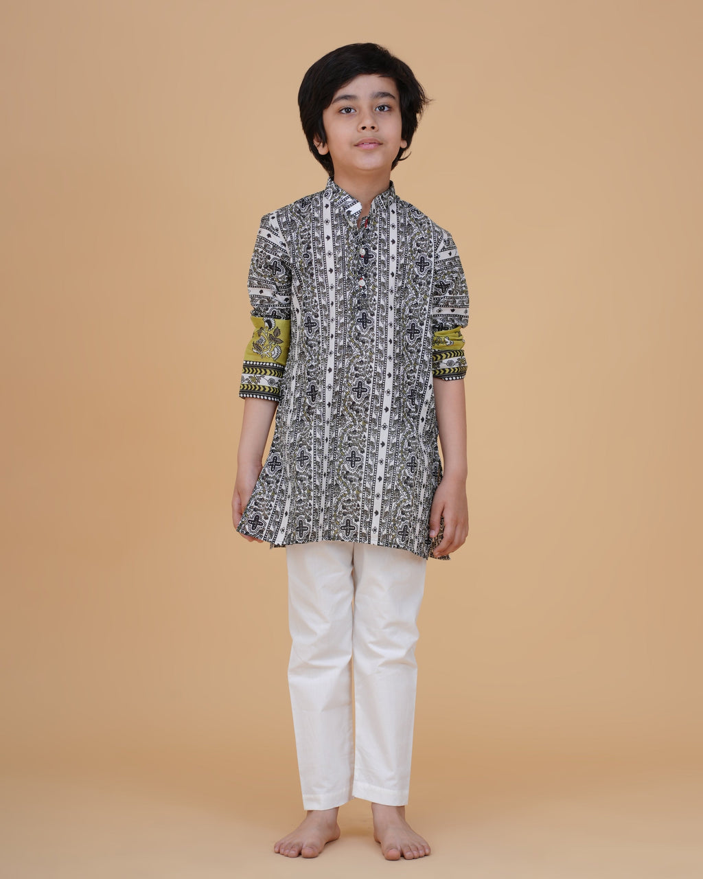 Stylish Border Design Printed Cotton Kurta with White Pajama Set for Boys