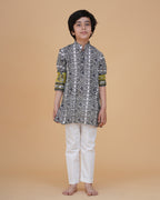 Stylish Border Design Printed Cotton Kurta with White Pajama Set for Boys