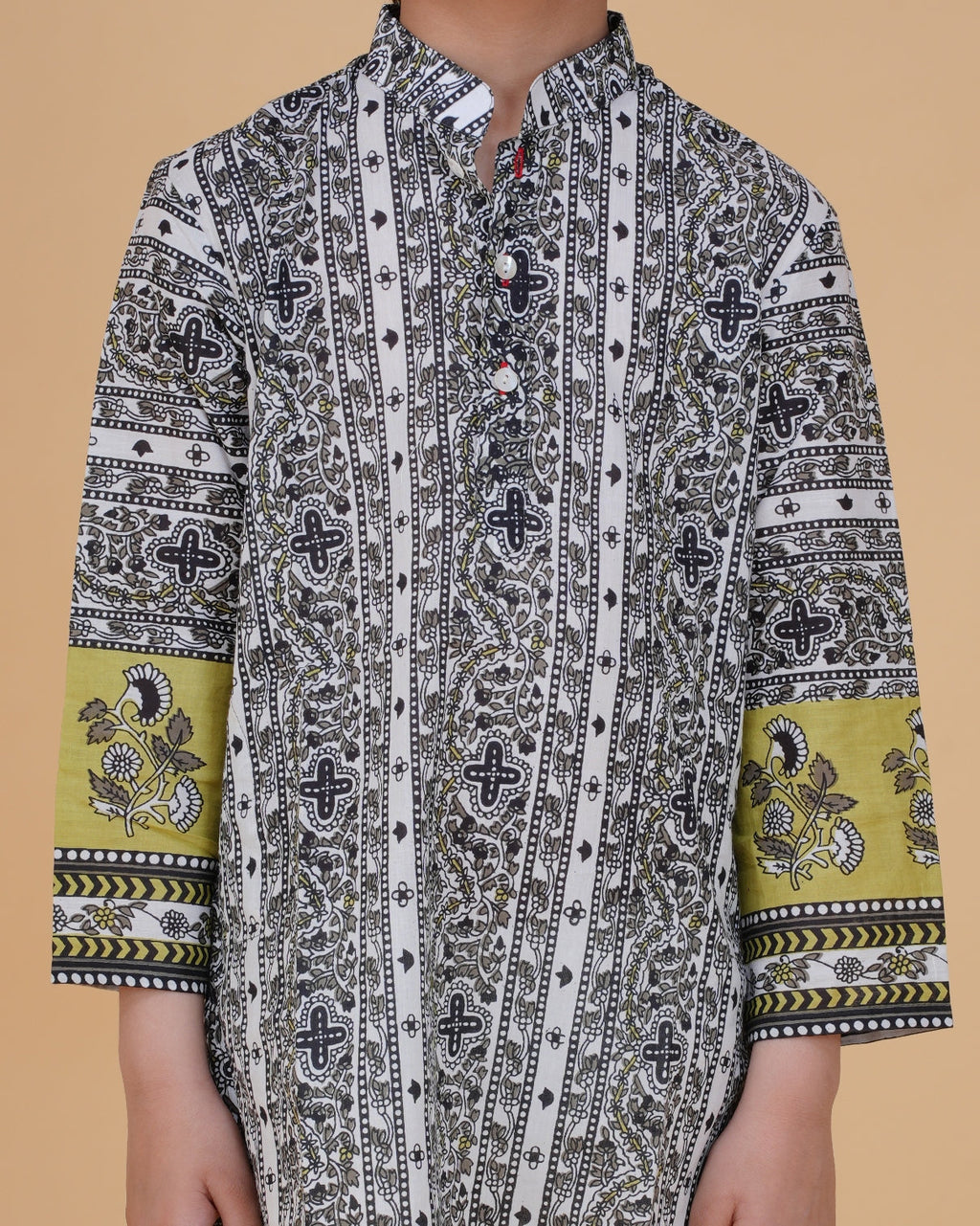 Stylish Border Design Printed Cotton Kurta with White Pajama Set for Boys