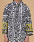Stylish Border Design Printed Cotton Kurta with White Pajama Set for Boys