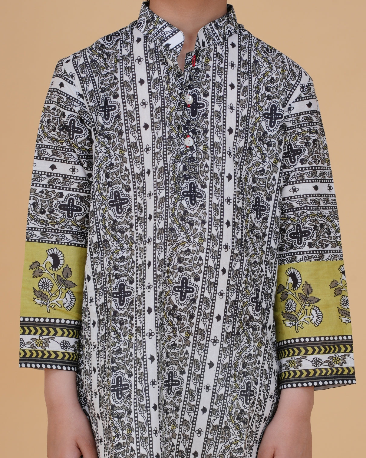 Stylish Border Design Printed Cotton Kurta with White Pajama Set for Boys