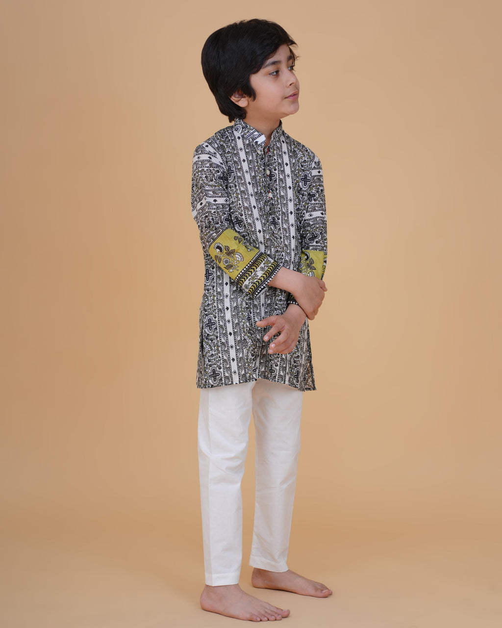 Stylish Border Design Printed Cotton Kurta with White Pajama Set for Boys
