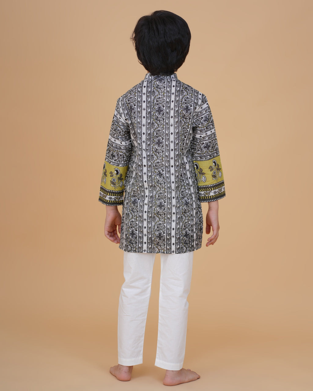 Stylish Border Design Printed Cotton Kurta with White Pajama Set for Boys