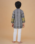 Stylish Border Design Printed Cotton Kurta with White Pajama Set for Boys