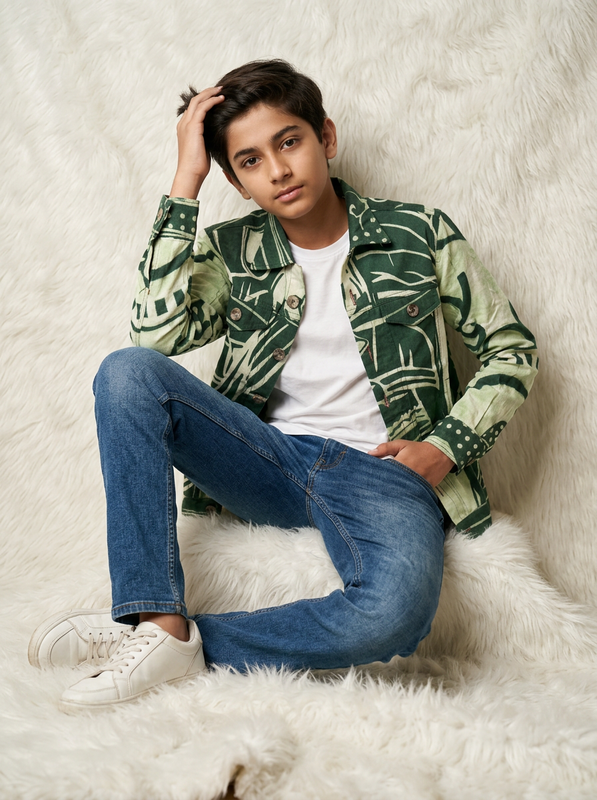 Sage Green Buddha Print Cotton Casual Jacket for Boys - 5-6 Years